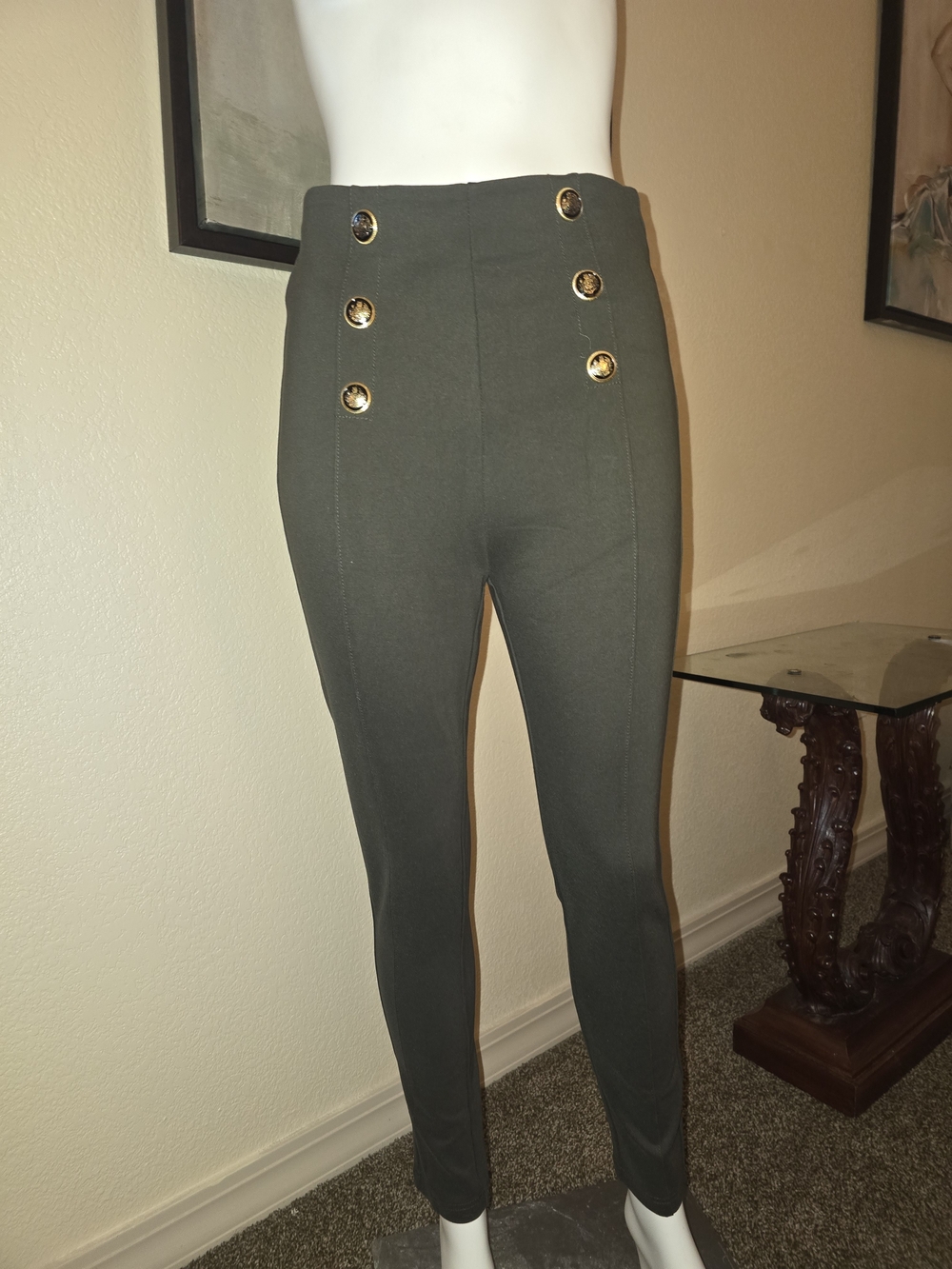 ZARA SZ 11 High-Waist Olive Green Button-Front Ponte Pants